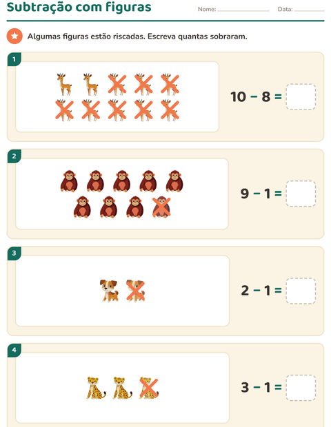 Pré-visualização da ficha de Contas ilustradas com Animais para 1º ano do ensino fundamental