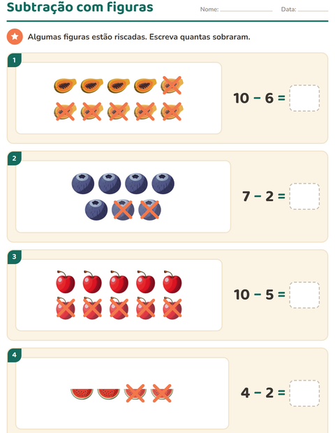 Pré-visualização da ficha de Contas ilustradas com Frutas para 1º ano do ensino fundamental