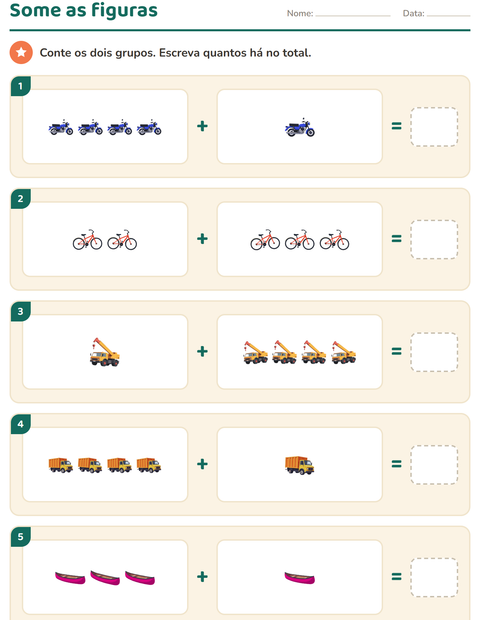 Pré-visualização da ficha de Contas ilustradas com Veículos para 1º ano do ensino fundamental