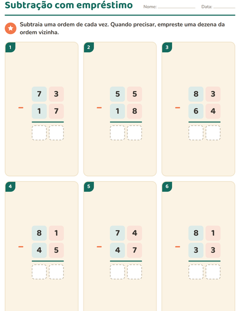 Prévia: Subtração com empréstimo: contas armadas
