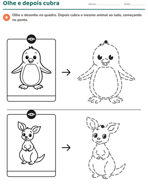 Observe o modelo e cubra o desenho: pinguim e canguru
