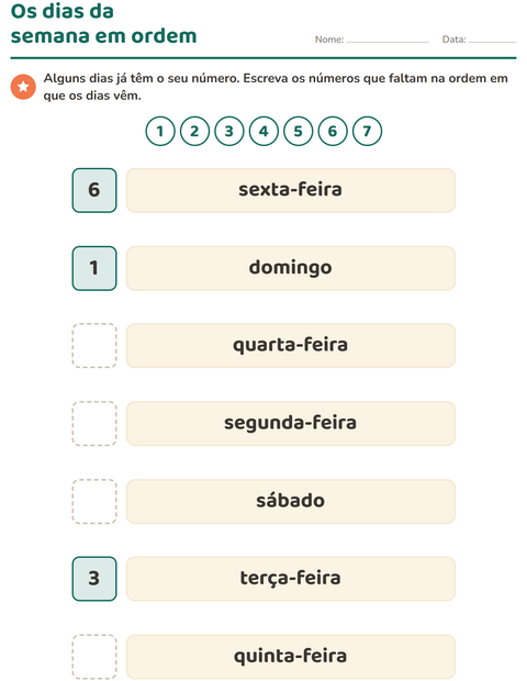 Pré-visualização da ficha de Dias e meses para Educação infantil (pré-escola, 5-7 anos)