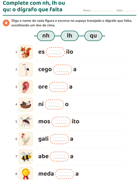 Pré-visualização da ficha de Dígrafos para 1º ano do ensino fundamental