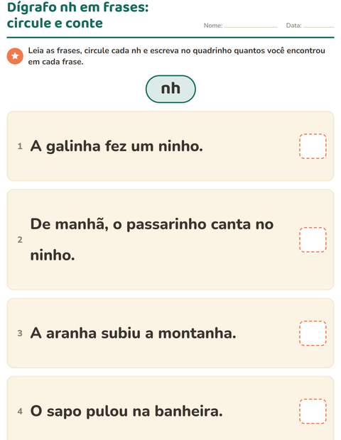Dígrafo nh em frases: circule e conte