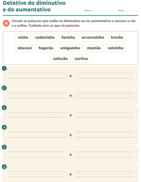Pré-visualização da ficha de Diminutivo e aumentativo para 2º ano do ensino fundamental