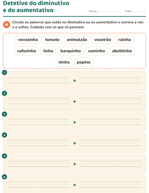 Pré-visualização da ficha de Diminutivo e aumentativo para 2º ano do ensino fundamental