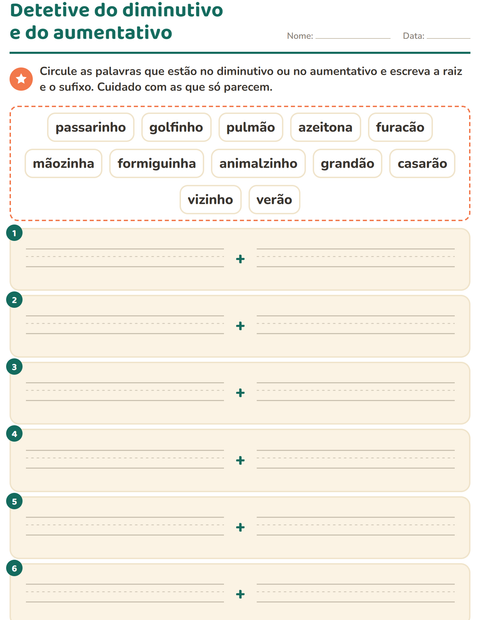 Pré-visualização da ficha de Diminutivo e aumentativo para 2º ano do ensino fundamental