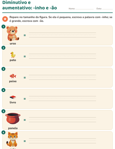 Pré-visualização da ficha de Diminutivo e aumentativo para 2º ano do ensino fundamental
