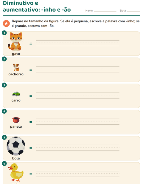 Pré-visualização da ficha de Diminutivo e aumentativo para 2º ano do ensino fundamental