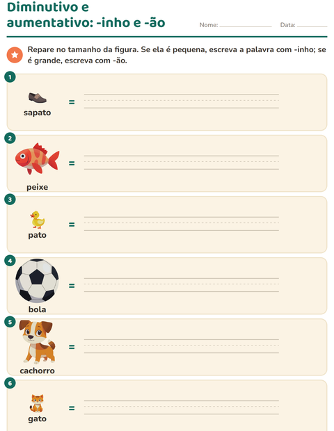 Pré-visualização da ficha de Diminutivo e aumentativo para 2º ano do ensino fundamental