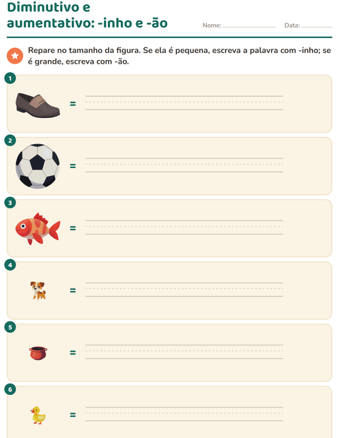 Pré-visualização da ficha de Diminutivo e aumentativo para 2º ano do ensino fundamental