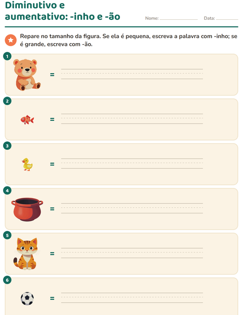 Pré-visualização da ficha de Diminutivo e aumentativo para 2º ano do ensino fundamental