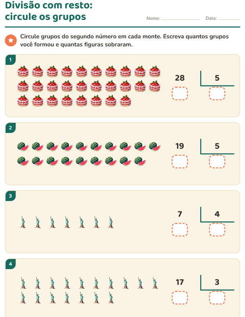Pré-visualização da ficha de Divisão com resto com 4 de Julho para 3º ano do ensino fundamental