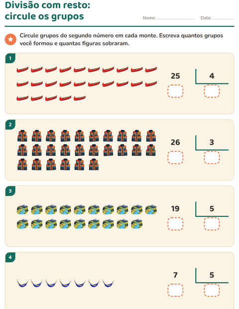 Pré-visualização da ficha de Divisão com resto com Acampamento para 3º ano do ensino fundamental