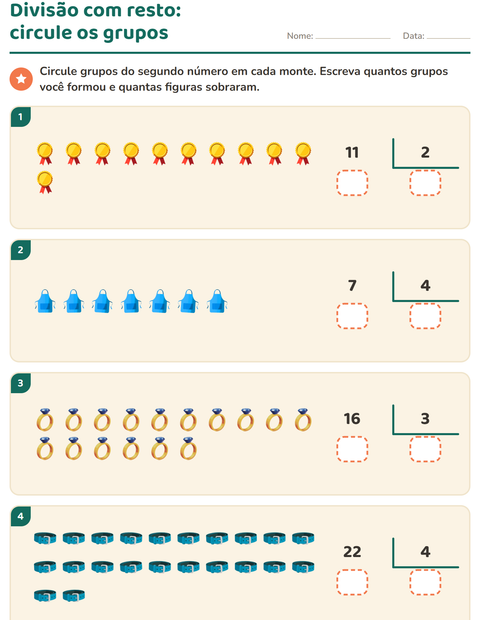 Pré-visualização da ficha de Divisão com resto com Acessórios para 3º ano do ensino fundamental