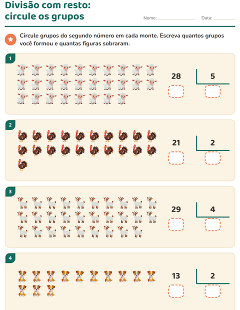 Pré-visualização da ficha de Divisão com resto com Animais da fazenda para 3º ano do ensino fundamental