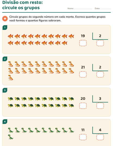 Pré-visualização da ficha de Divisão com resto com Animais de estimação para 3º ano do ensino fundamental