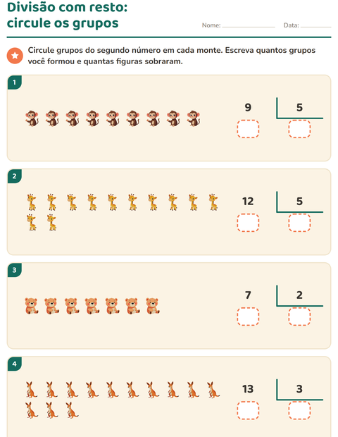 Pré-visualização da ficha de Divisão com resto com Animais do zoológico para 3º ano do ensino fundamental