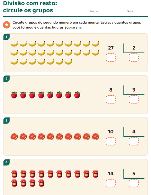 Pré-visualização da ficha de Divisão com resto com Café da manhã para 3º ano do ensino fundamental