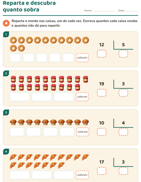 Pré-visualização da ficha de Divisão com resto com Café da manhã para 3º ano do ensino fundamental