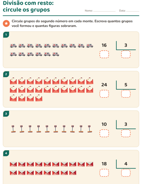 Pré-visualização da ficha de Divisão com resto com Correios para 3º ano do ensino fundamental