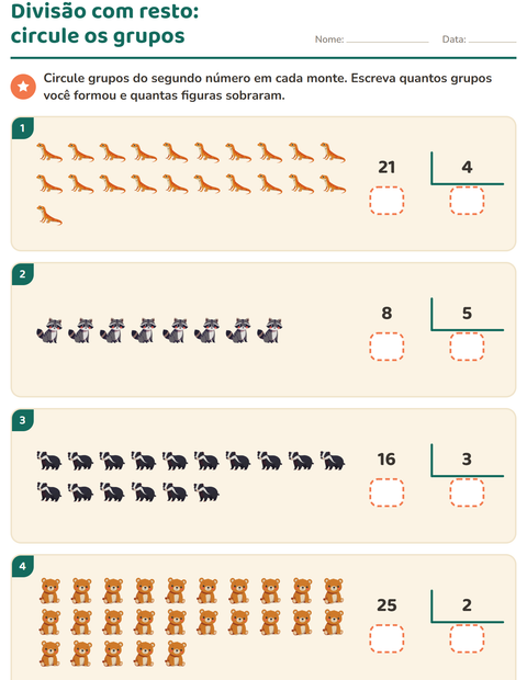 Pré-visualização da ficha de Divisão com resto com Criaturas da floresta para 3º ano do ensino fundamental