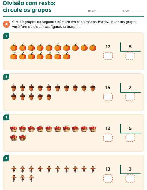 Pré-visualização da ficha de Divisão com resto com Dia de Ação de Graças para 3º ano do ensino fundamental