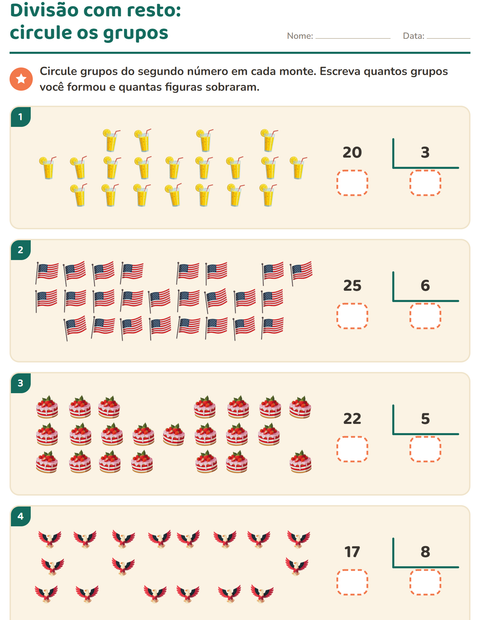 Pré-visualização da ficha de Divisão com resto com 4 de Julho para 3º ano do ensino fundamental