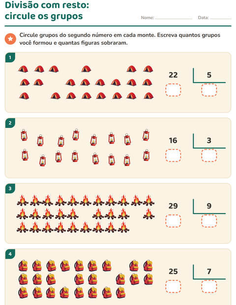 Pré-visualização da ficha de Divisão com resto com Acampamento para 3º ano do ensino fundamental