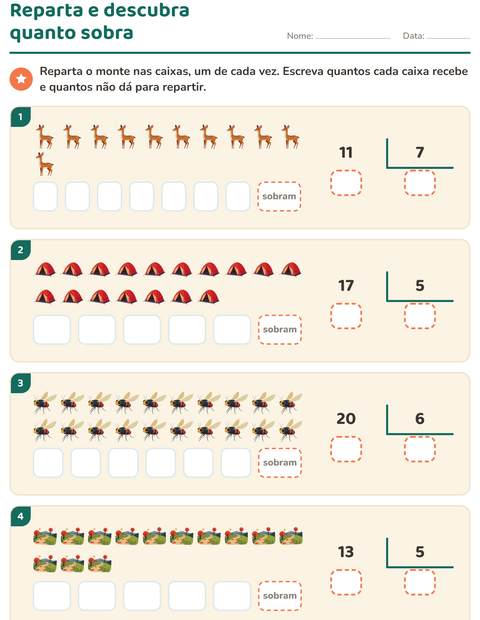 Pré-visualização da ficha de Divisão com resto com Acampamento para 3º ano do ensino fundamental