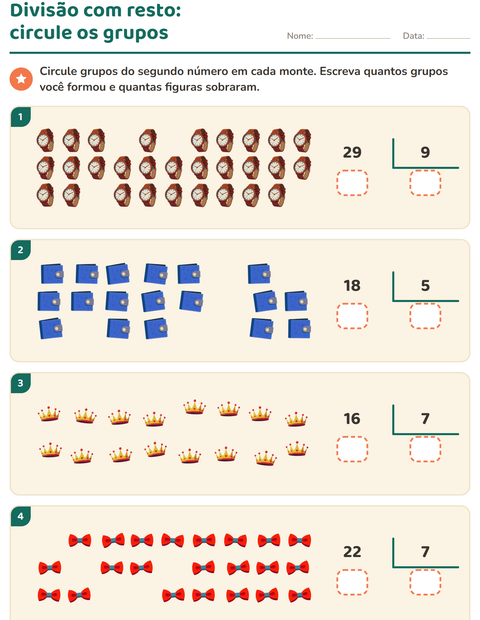 Pré-visualização da ficha de Divisão com resto com Acessórios para 3º ano do ensino fundamental