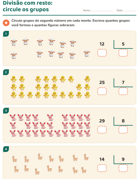 Pré-visualização da ficha de Divisão com resto com Animais da fazenda para 3º ano do ensino fundamental