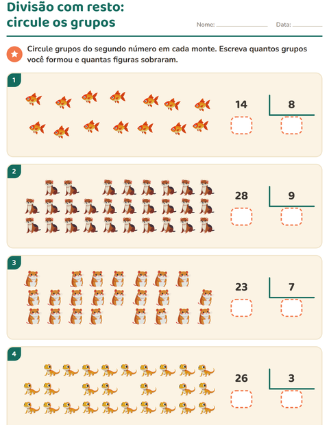 Pré-visualização da ficha de Divisão com resto com Animais de estimação para 3º ano do ensino fundamental