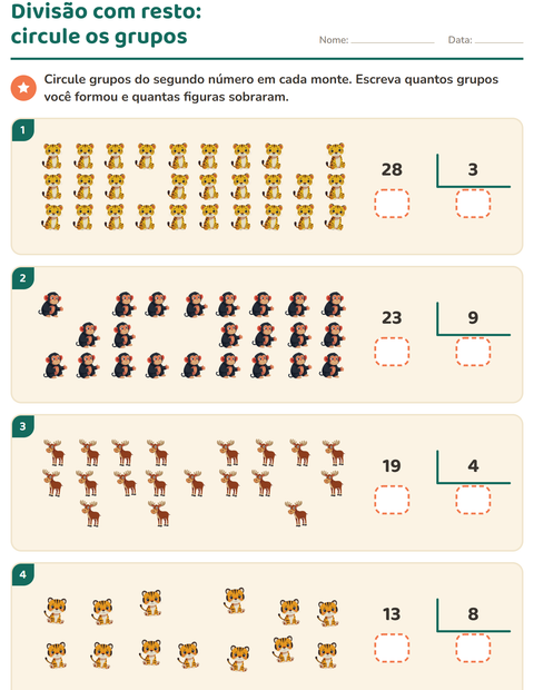Pré-visualização da ficha de Divisão com resto com Animais do zoológico para 3º ano do ensino fundamental