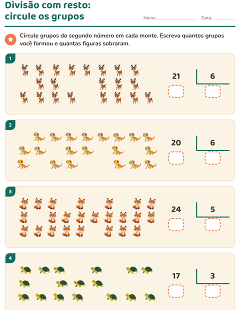 Pré-visualização da ficha de Divisão com resto com Animais para 3º ano do ensino fundamental