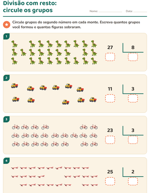 Pré-visualização da ficha de Divisão com resto com Brinquedos para 3º ano do ensino fundamental