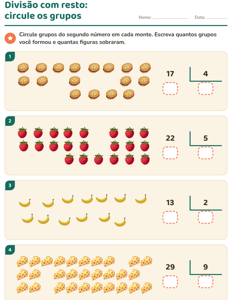 Pré-visualização da ficha de Divisão com resto com Café da manhã para 3º ano do ensino fundamental