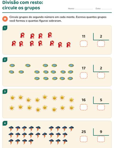 Pré-visualização da ficha de Divisão com resto com Clima para 3º ano do ensino fundamental