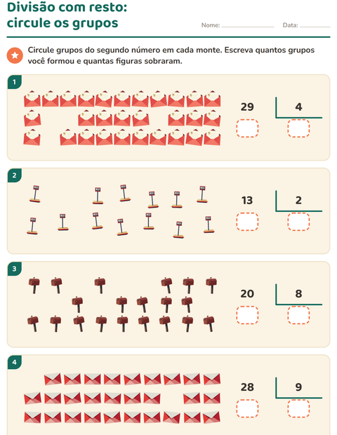 Pré-visualização da ficha de Divisão com resto com Correios para 3º ano do ensino fundamental