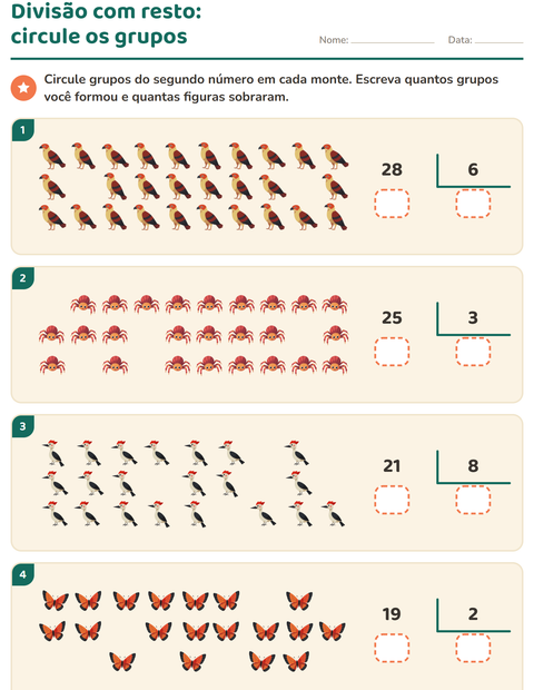 Pré-visualização da ficha de Divisão com resto com Criaturas da floresta para 3º ano do ensino fundamental