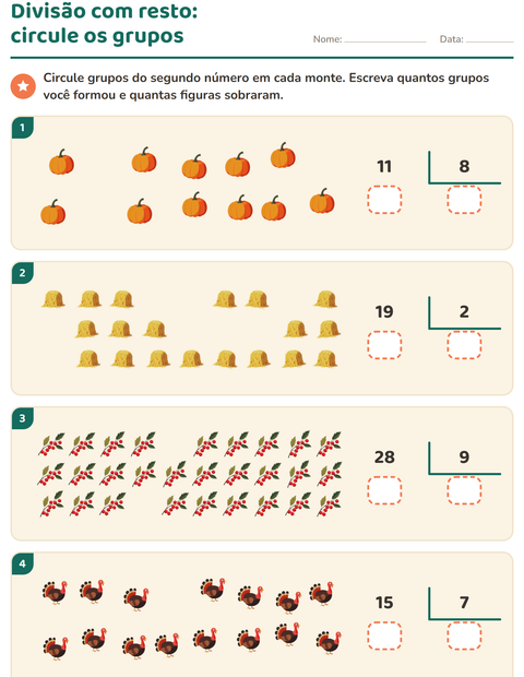 Pré-visualização da ficha de Divisão com resto com Dia de Ação de Graças para 3º ano do ensino fundamental