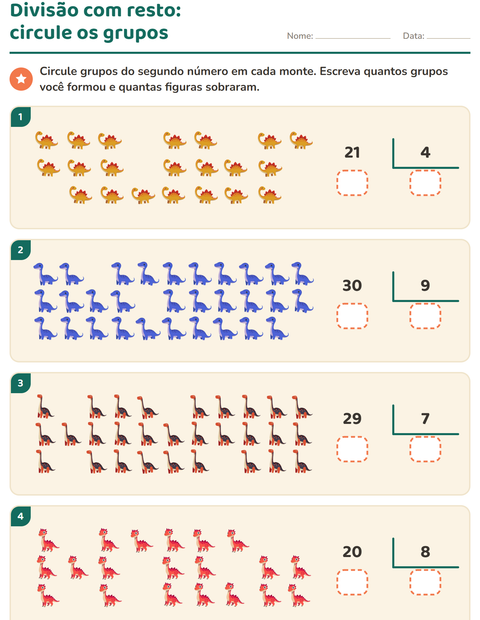 Pré-visualização da ficha de Divisão com resto com Dinossauros para 3º ano do ensino fundamental