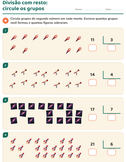 Pré-visualização da ficha de Divisão com resto com Espaço para 3º ano do ensino fundamental