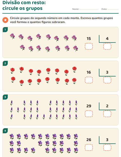 Pré-visualização da ficha de Divisão com resto com Flores para 3º ano do ensino fundamental