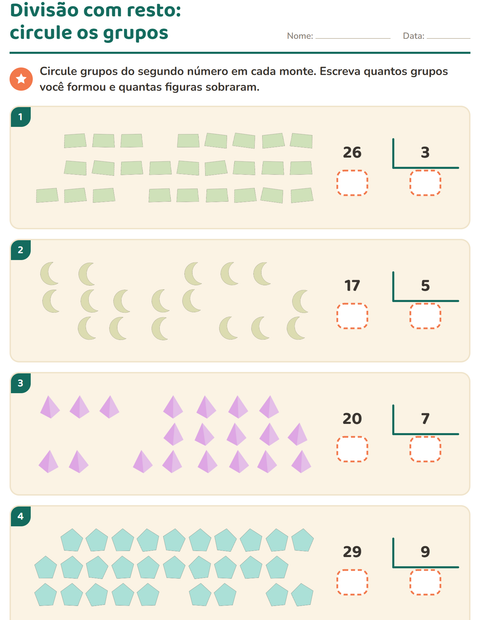 Pré-visualização da ficha de Divisão com resto com Formas para 3º ano do ensino fundamental