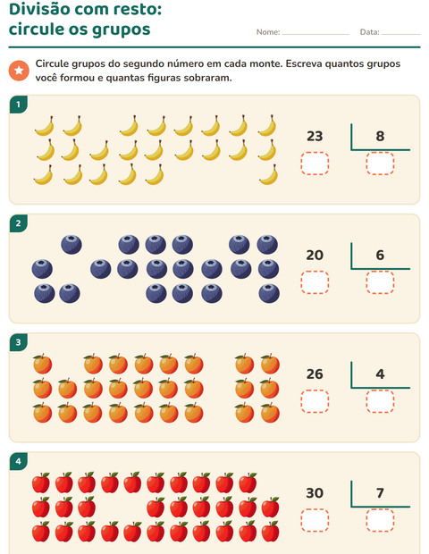 Pré-visualização da ficha de Divisão com resto com Frutas para 3º ano do ensino fundamental