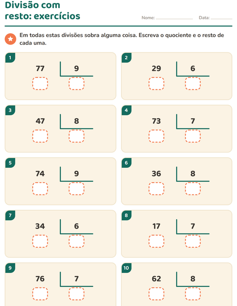 Pré-visualização da ficha de Divisão com resto para 3º ano do ensino fundamental