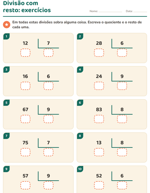 Pré-visualização da ficha de Divisão com resto para 3º ano do ensino fundamental