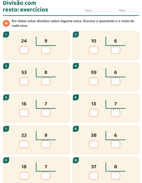Pré-visualização da ficha de Divisão com resto para 3º ano do ensino fundamental