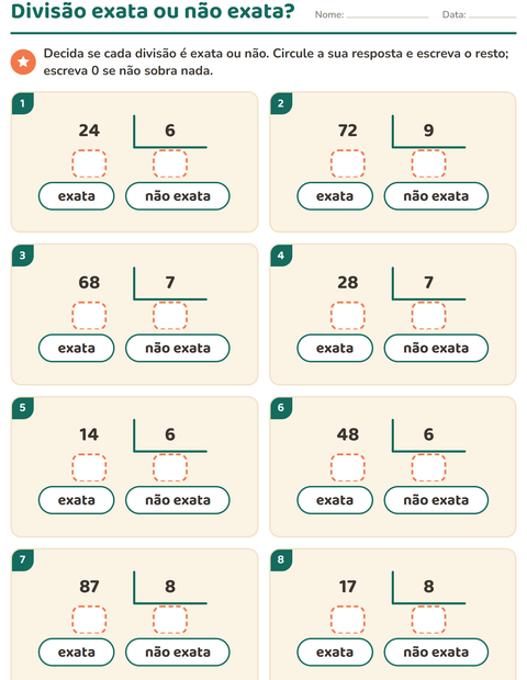 Pré-visualização da ficha de Divisão com resto para 3º ano do ensino fundamental